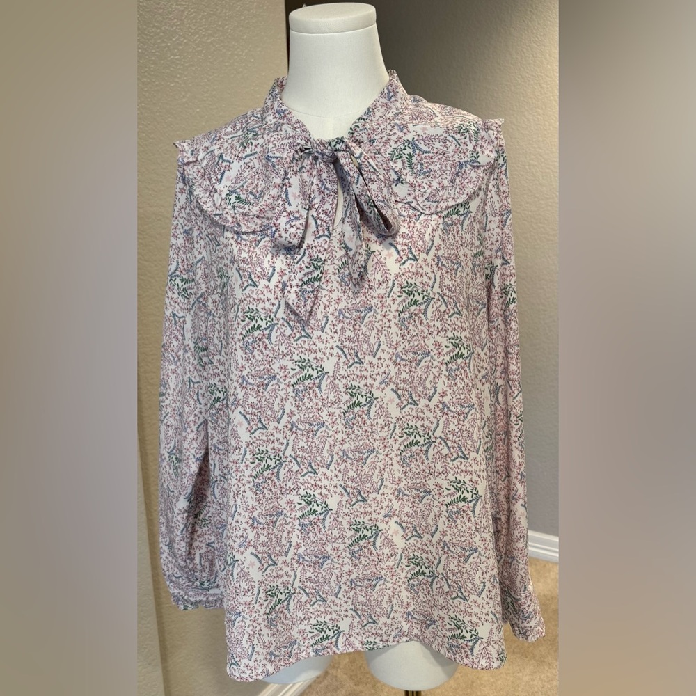 Floral Long-Sleeve Blouse w/ Peter Pan Collar & Tie-Neck Front